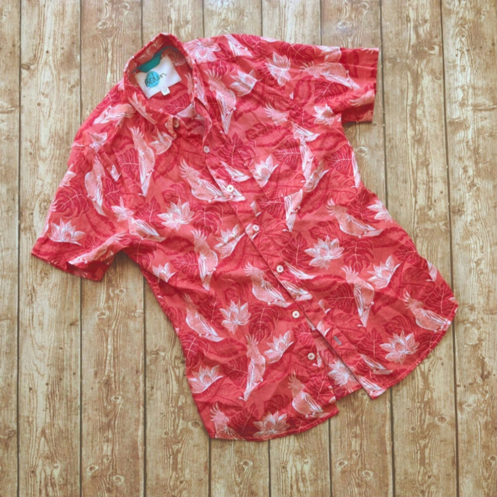 Boden Vacation Shirt Mallow Red Parakeet Palm - Short-Sleeve Collared 13-14Y